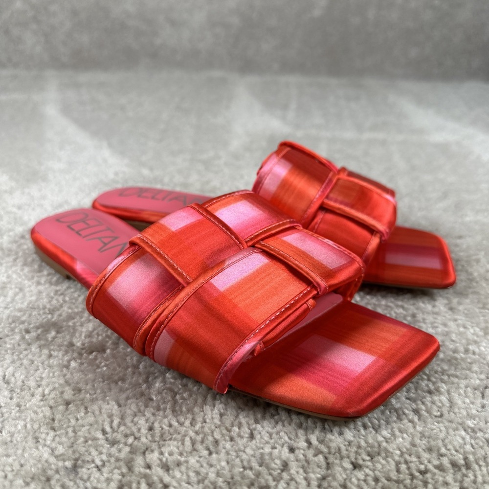 Deltan Ariel Woven Satin Flat Sandals Slides Ladies Size 9.5M Red Pink Plaid